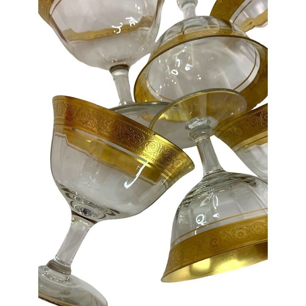 Vintage Gold Rim Floral Crystal Set of 6 Low Sherbet Glasses 3.75" h Stemmed - Picture 5 of 7